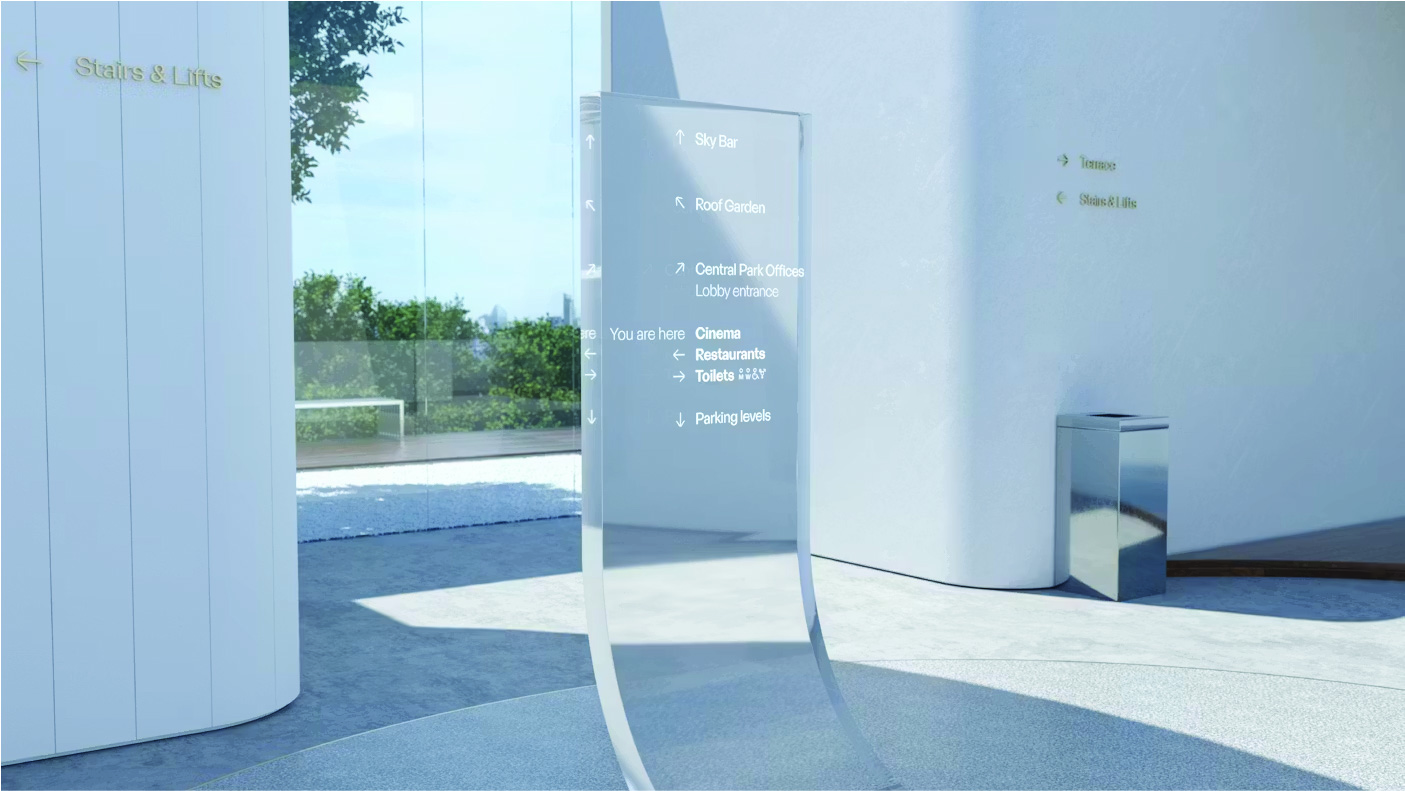 Pedestal sign with directional arrows including diagonals and you-are-here marker